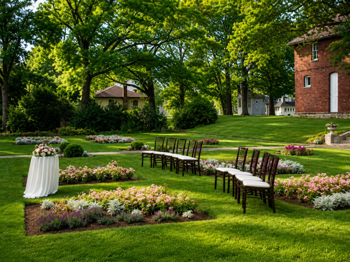A garden ceremony set among the flower beds