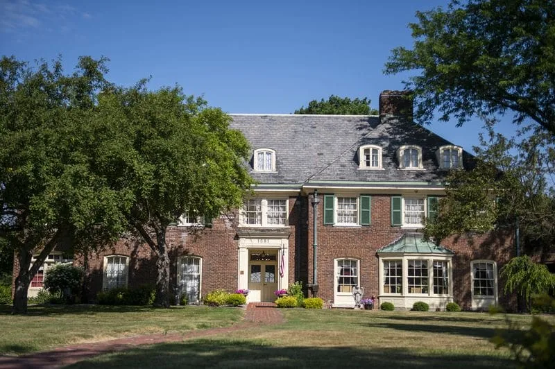 The Georgian-brick mansion’s front façade, built in 1929