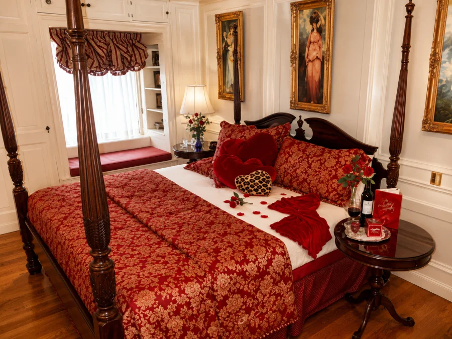 Sweetheart Package — a romantic room set with wine, flowers and chocolates at the Montague Inn